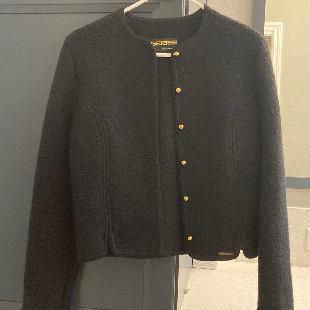 Geiger Black Wool Blazer with Gold Button Accents